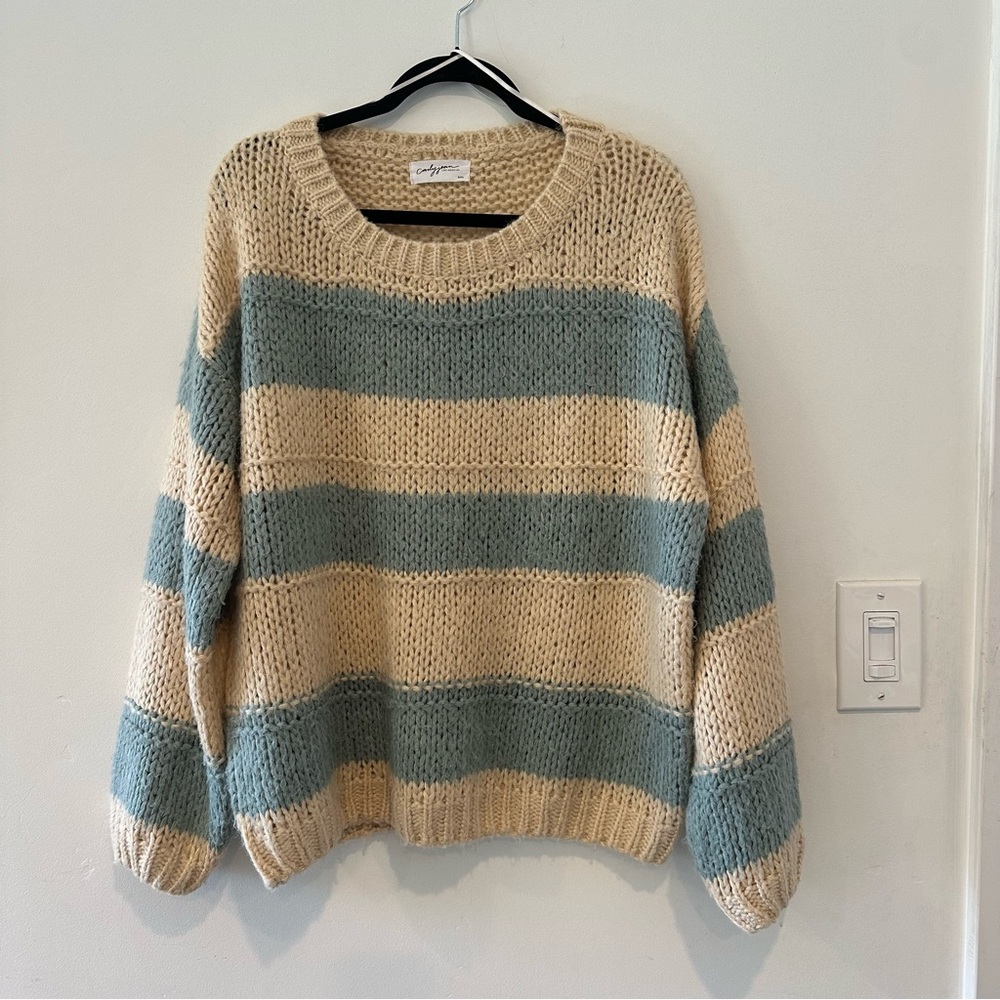 CJLA Beige and Blue Striped Balloon Sleeve Knit Sweater Women’s S